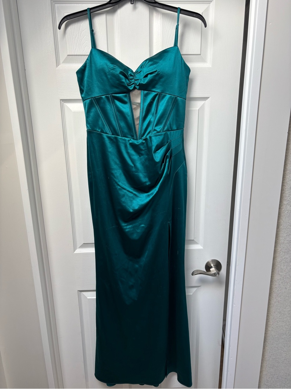 Blondie Nites Teal Satin Prom Dress with Front Keyhole